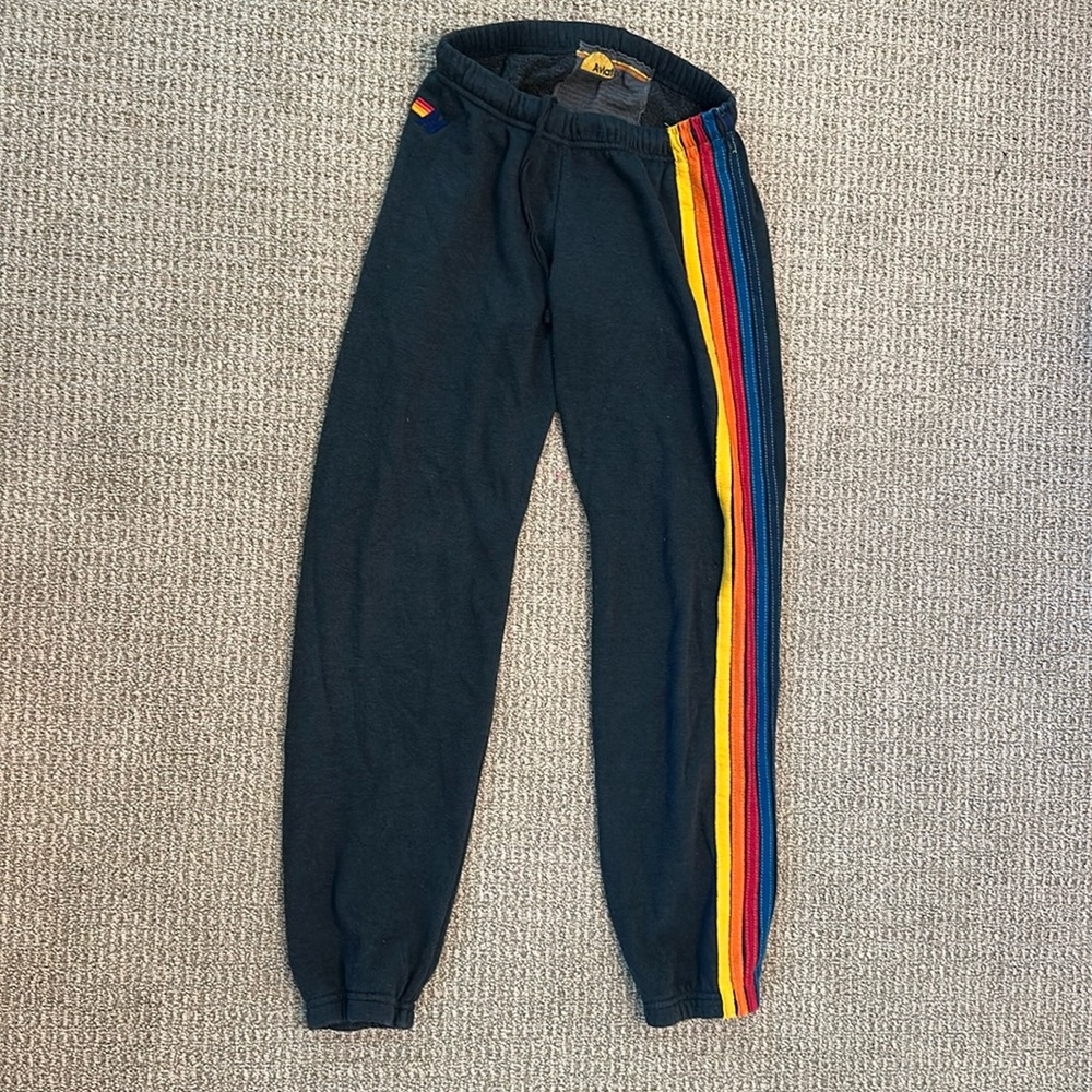 Aviator Nation Black Track Joggers with Rainbow Side Stripes